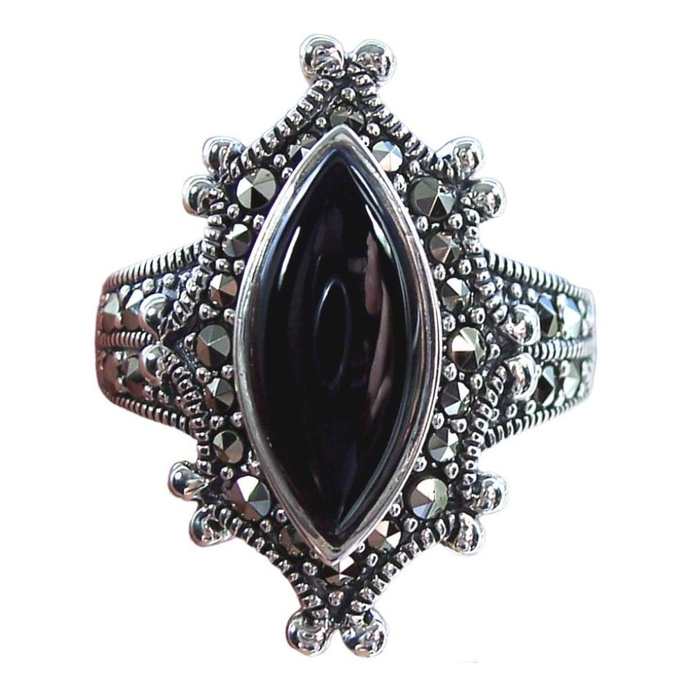 925 STERLING SILVER Marquise Black Onyx & Marcasite Ring - Picture 13 of 16